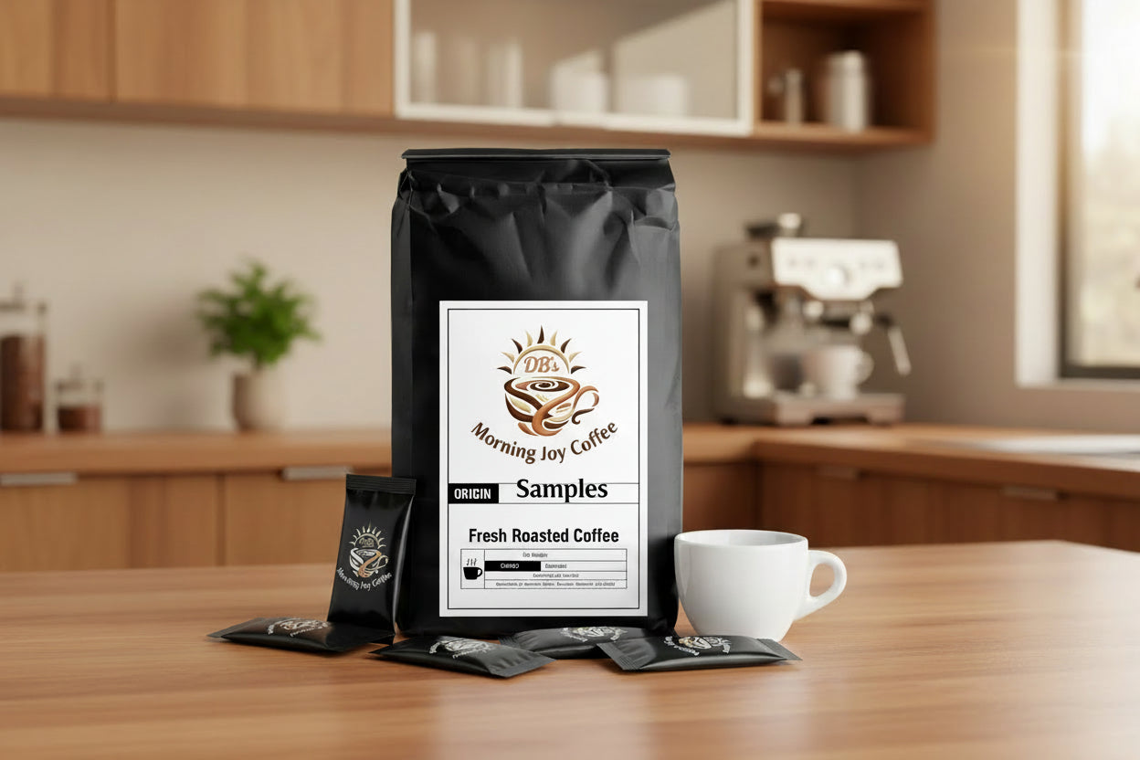 Black coffee bag with a label on a white background